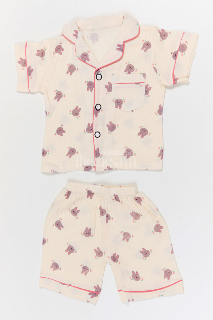 The Nesavu Night Dress Kids Cotton Night Suit with Bunny Print for Bedtime Nesavu 16 (1Y) / Cream / Muslin Cotton NS054A-16 Nesavu Kids Muslin Cotton Bunny Print Night Suit For Comfortable Sleepwear