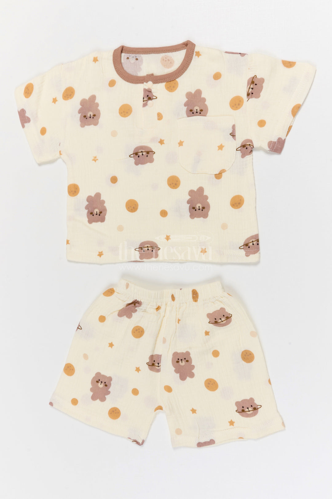 The Nesavu Night Dress Kids Cotton Night Suit with Bunny Print for Cozy Nights Nesavu 10 (NB) / Cream / Muslin Cotton NS065A-10 Nesavu Kids Muslin Cotton Bunny Print Night Suit For Breathable Summer Sleep