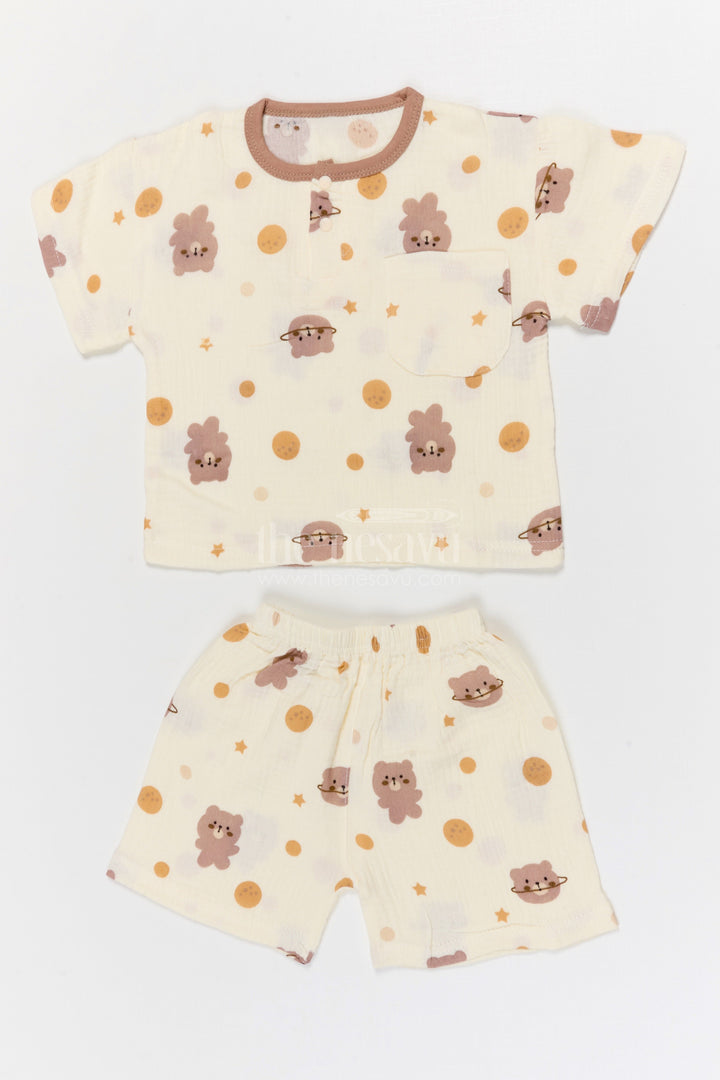 The Nesavu Night Dress Kids Cotton Night Suit with Bunny Print for Cozy Nights Nesavu 10 (NB) / Cream / Muslin Cotton NS065A-10 Nesavu Kids Muslin Cotton Bunny Print Night Suit For Breathable Summer Sleep