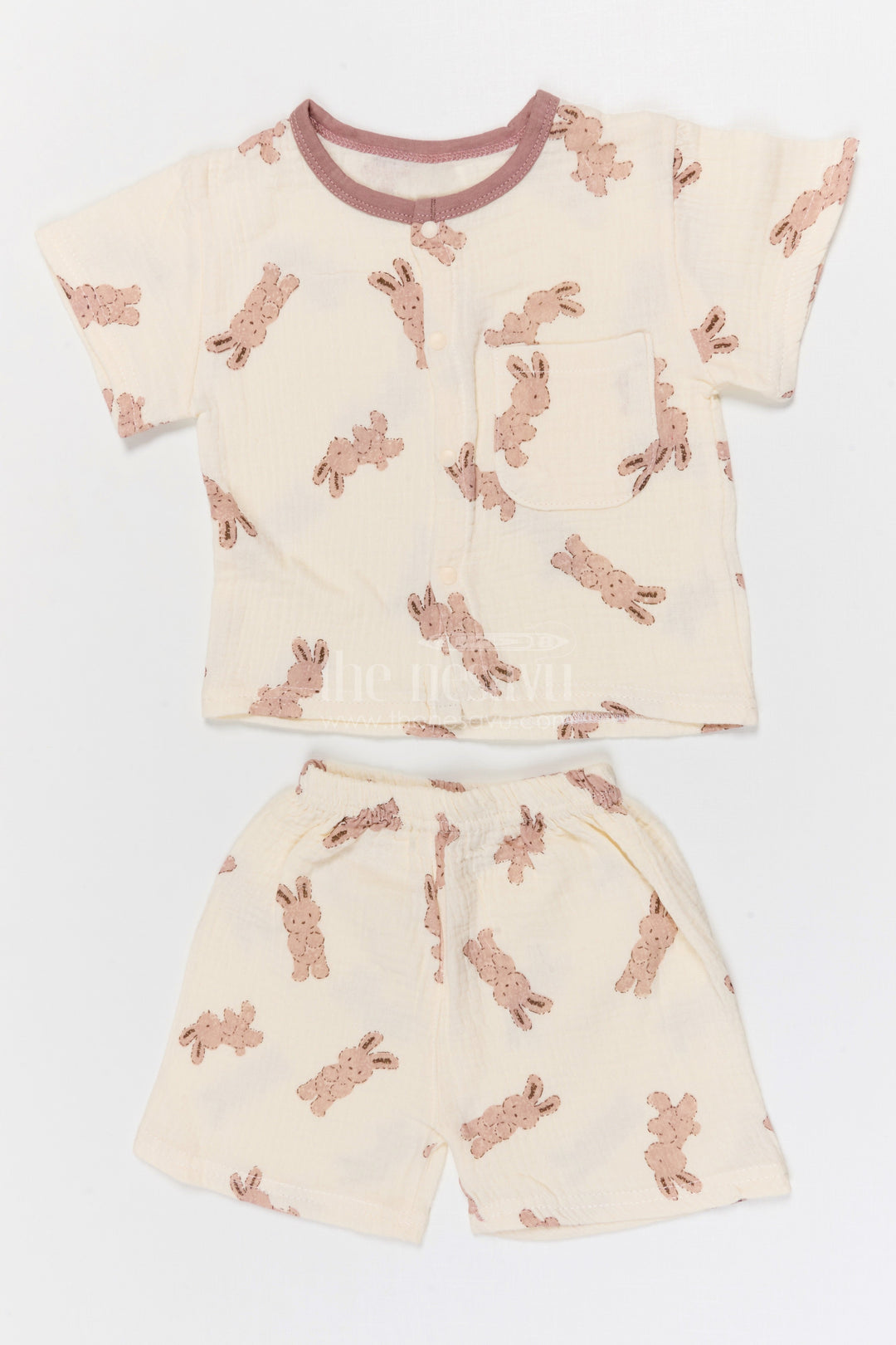 The Nesavu Night Dress Kids Cotton Night Suit with Bunny Print for Cozy Sleep Nesavu 10 (NB) / Cream / Muslin Cotton NS061A-10 Nesavu Kids Muslin Cotton Bunny Print Night Suit For Everyday Summer Sleep