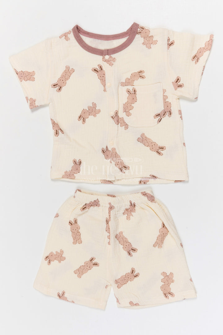 The Nesavu Night Dress Kids Cotton Night Suit with Bunny Print for Cozy Sleep Nesavu 10 (NB) / Cream / Muslin Cotton NS061A-10 Nesavu Kids Muslin Cotton Bunny Print Night Suit For Everyday Summer Sleep