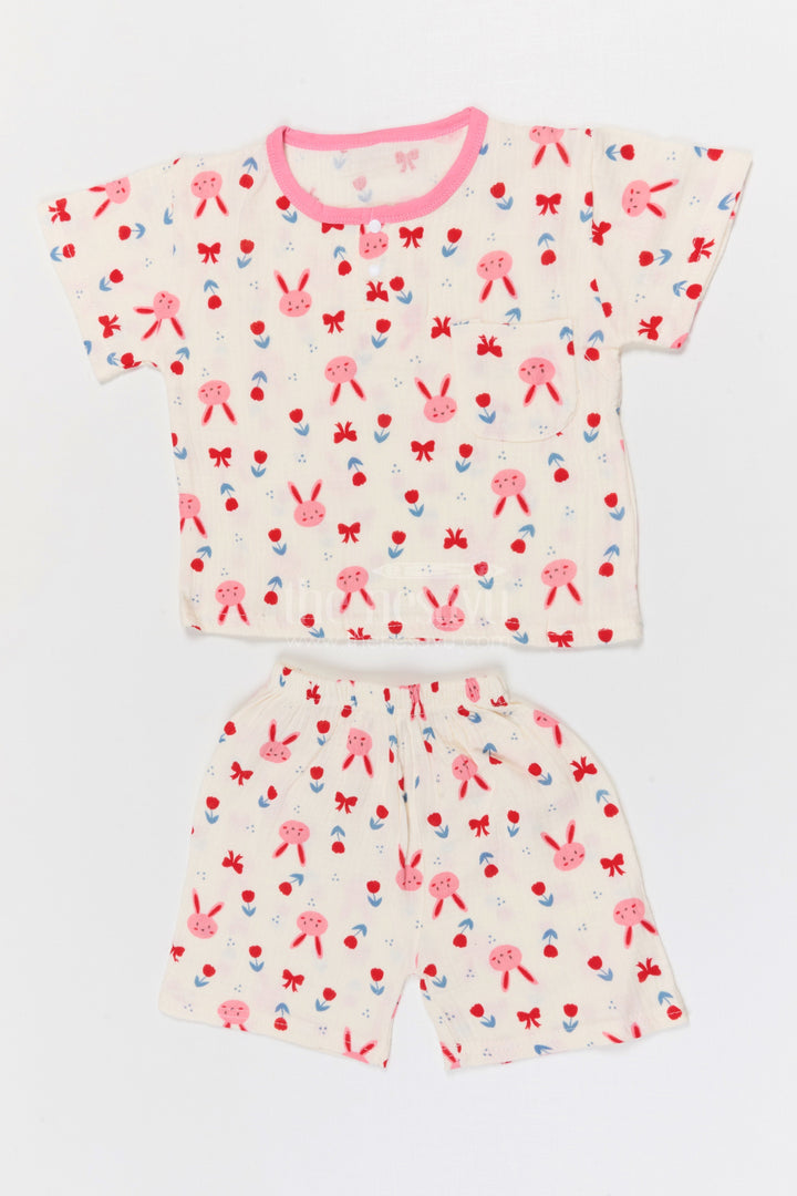 The Nesavu Night Dress Kids Cotton Night Suit with Bunny Print for Cozy Summer Nights Nesavu 10 (NB) / Cream / Muslin Cotton NS068A-10 Nesavu Kids Muslin Cotton Bunny Print Night Suit For Breathable Summer Sleep