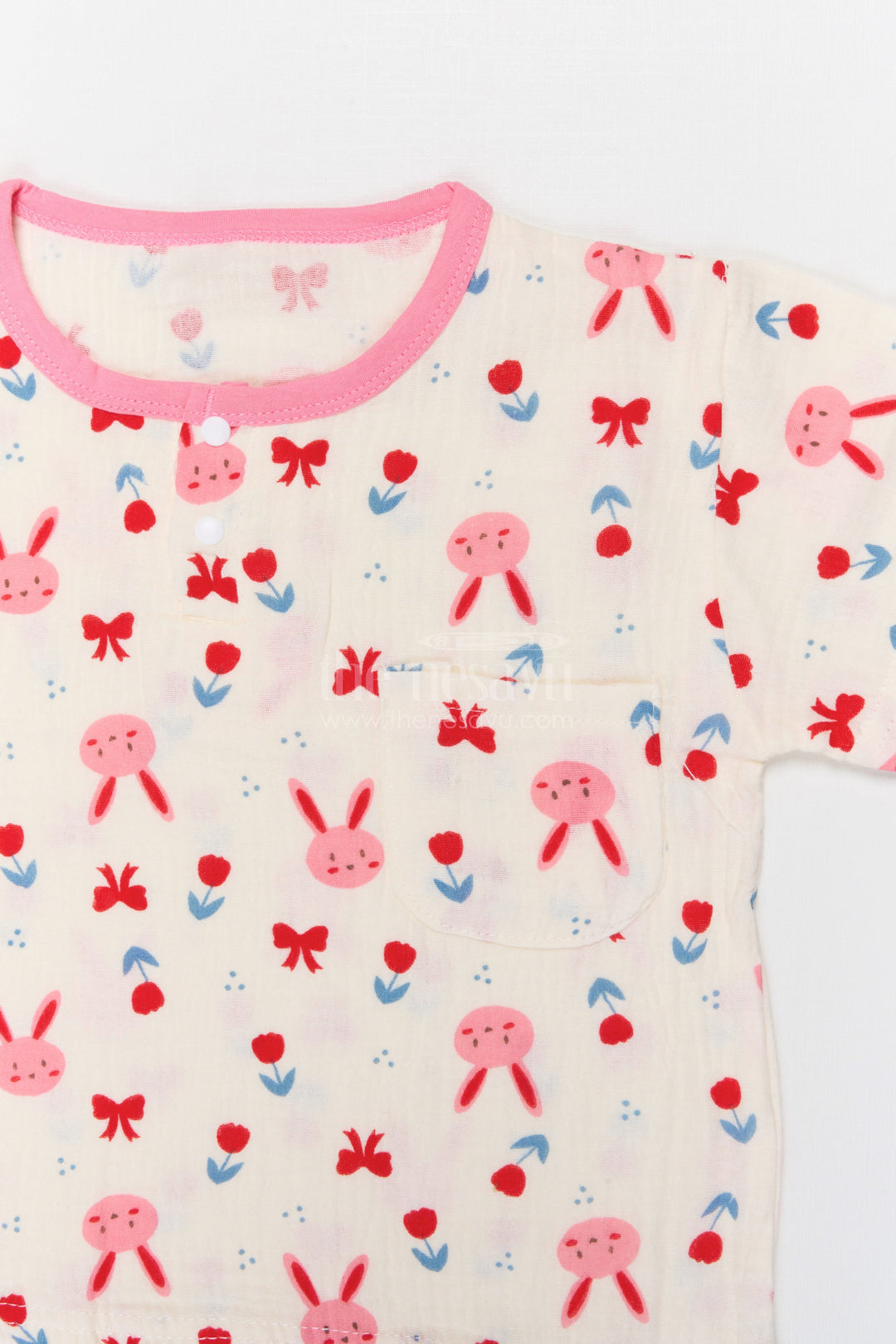 The Nesavu Night Dress Kids Cotton Night Suit with Bunny Print for Cozy Summer Nights Nesavu Nesavu Kids Muslin Cotton Bunny Print Night Suit For Breathable Summer Sleep