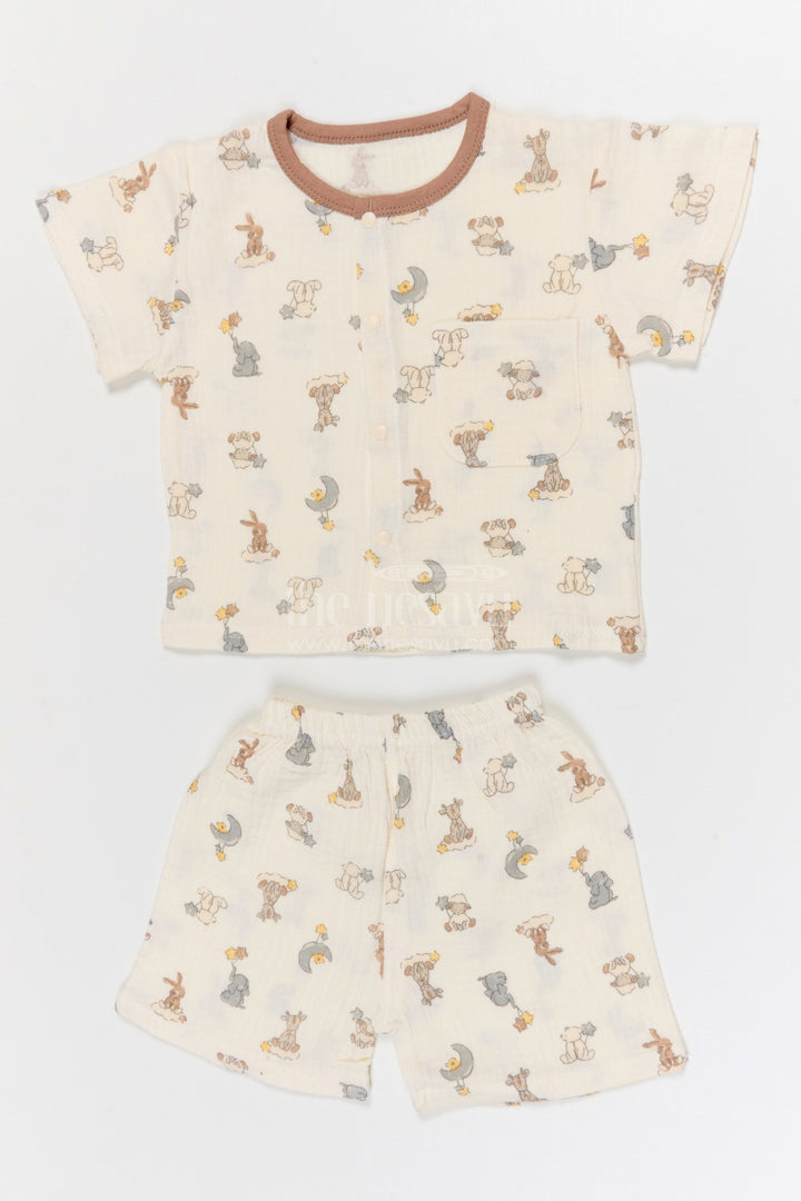 The Nesavu Night Dress Kids Cotton Night Suit with Bunny Print for Everyday Sleep Nesavu 10 (NB) / Cream / Muslin Cotton NS064A-10 Nesavu Kids Muslin Cotton Bunny Print Night Suit For Comfortable Daily Sleepwear