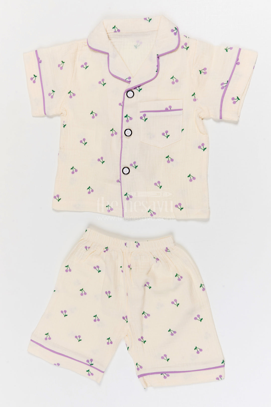 The Nesavu Night Dress Kids Cotton Night Suit with Cherry Print for Bedtime Comfort Nesavu 16 (1Y) / Cream / Muslin Cotton NS052A-16 Nesavu Kids Muslin Cotton Cherry Print Night Suit For Everyday Sleepwear