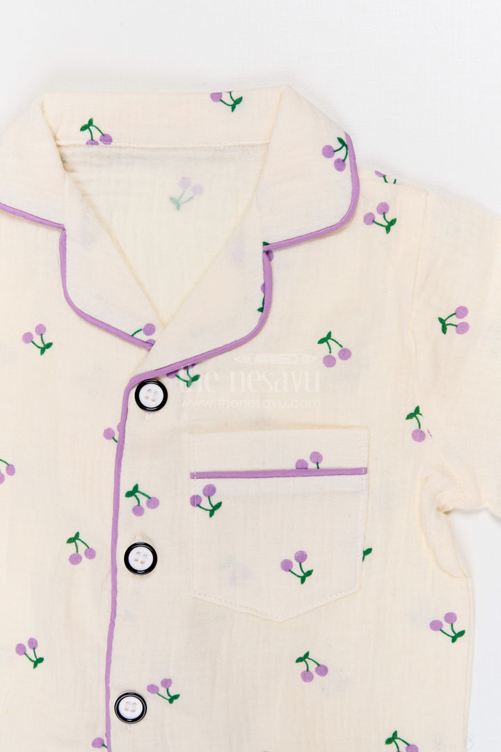 The Nesavu Night Dress Kids Cotton Night Suit with Cherry Print for Bedtime Comfort Nesavu Nesavu Kids Muslin Cotton Cherry Print Night Suit For Everyday Sleepwear