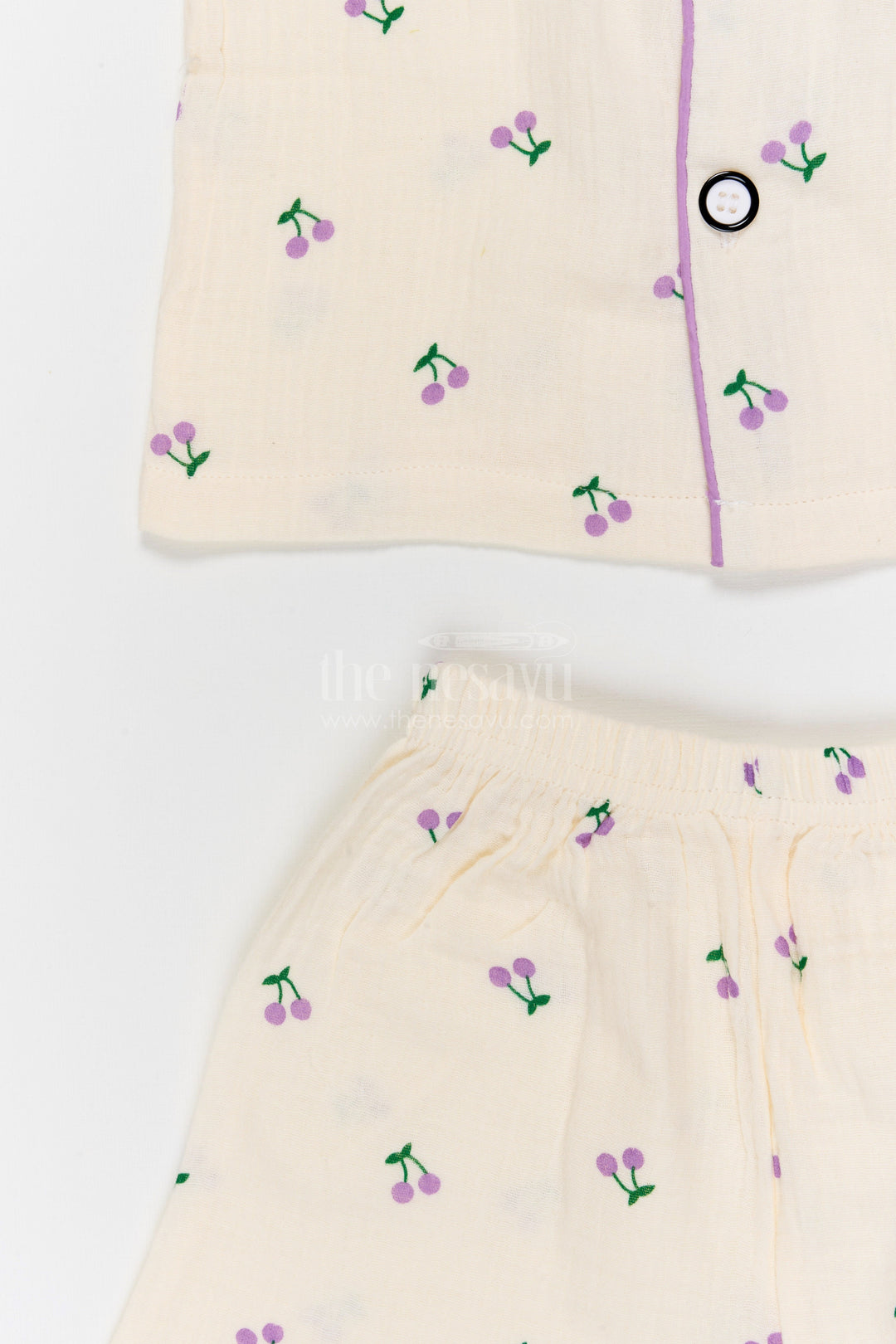 The Nesavu Night Dress Kids Cotton Night Suit with Cherry Print for Bedtime Comfort Nesavu Nesavu Kids Muslin Cotton Cherry Print Night Suit For Everyday Sleepwear