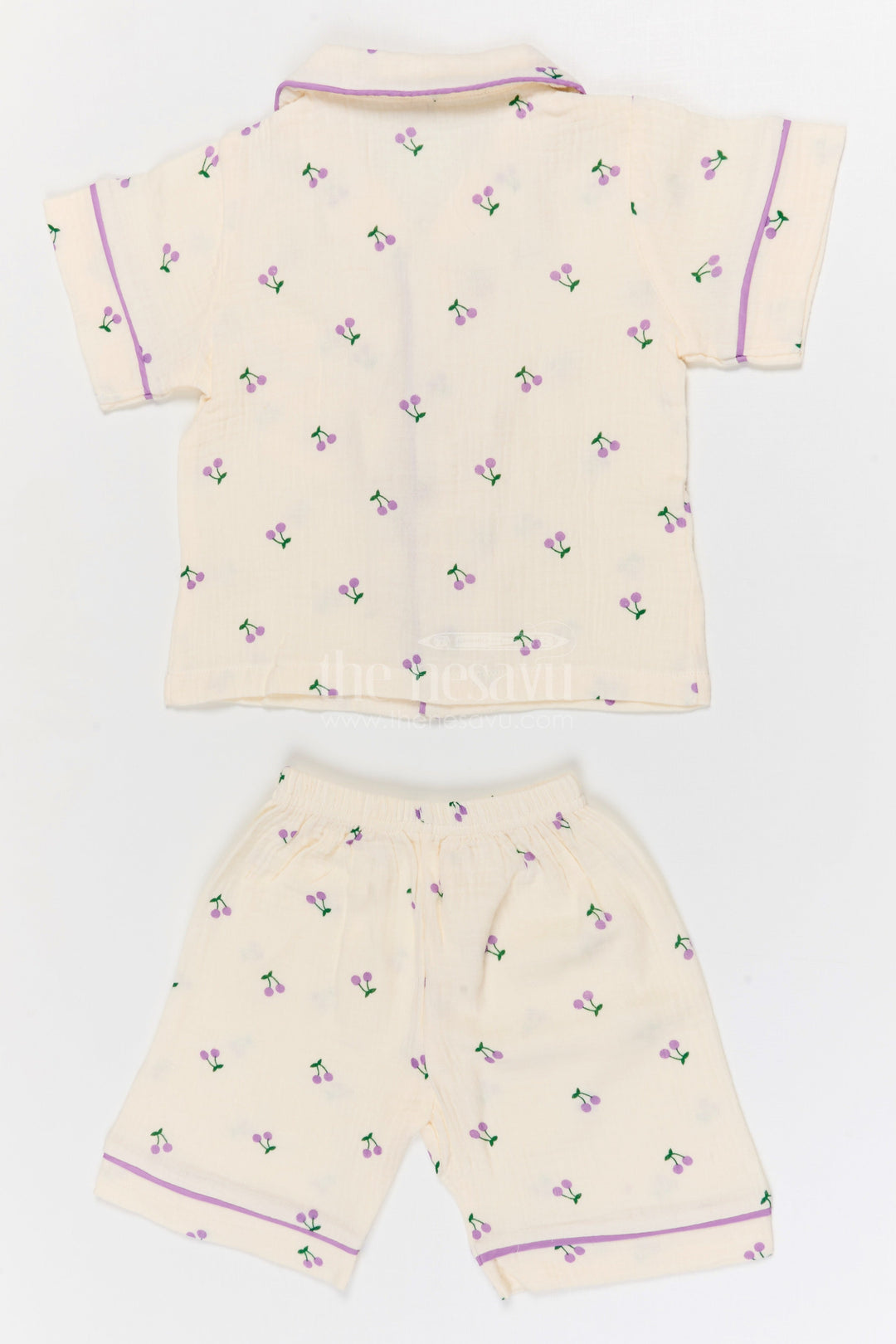 The Nesavu Night Dress Kids Cotton Night Suit with Cherry Print for Bedtime Comfort Nesavu Nesavu Kids Muslin Cotton Cherry Print Night Suit For Everyday Sleepwear