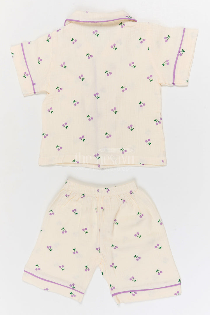 The Nesavu Night Dress Kids Cotton Night Suit with Cherry Print for Bedtime Comfort Nesavu Nesavu Kids Muslin Cotton Cherry Print Night Suit For Everyday Sleepwear