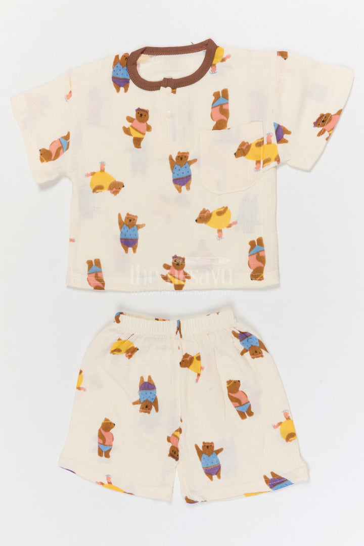 The Nesavu Night Dress Kids Cotton Night Suit with Dancing Bear Print for Bedtime Nesavu 10 (NB) / Multicolor / Muslin Cotton NS060A-10 Nesavu Kids Muslin Cotton Dancing Bear Print Night Suit For Summer Sleepwear