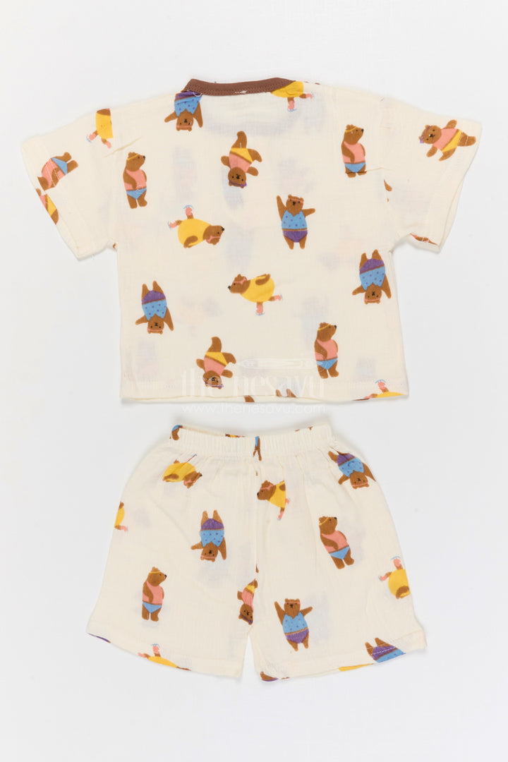The Nesavu Night Dress Kids Cotton Night Suit with Dancing Bear Print for Bedtime Nesavu Nesavu Kids Muslin Cotton Dancing Bear Print Night Suit For Summer Sleepwear