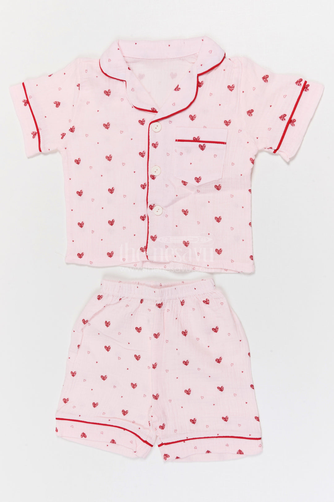 The Nesavu Night Dress Kids Cotton Night Suit with Heart Print for Bedtime Comfort Nesavu 16 (1Y) / Half white / Muslin Cotton NS058A-16 Nesavu Kids Muslin Cotton Heart Print Night Suit For Everyday Summer Sleepwear