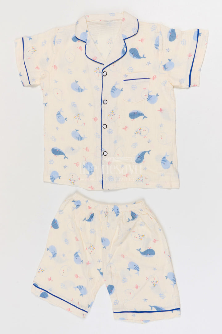 The Nesavu Night Dress Kids Cotton Night Suit with Whale Print for Summer Nights Nesavu 16 (1Y) / Multicolor / Muslin Cotton NS057A-16 Nesavu Kids Muslin Cotton Whale Print Night Suit For Comfortable Sleepwear