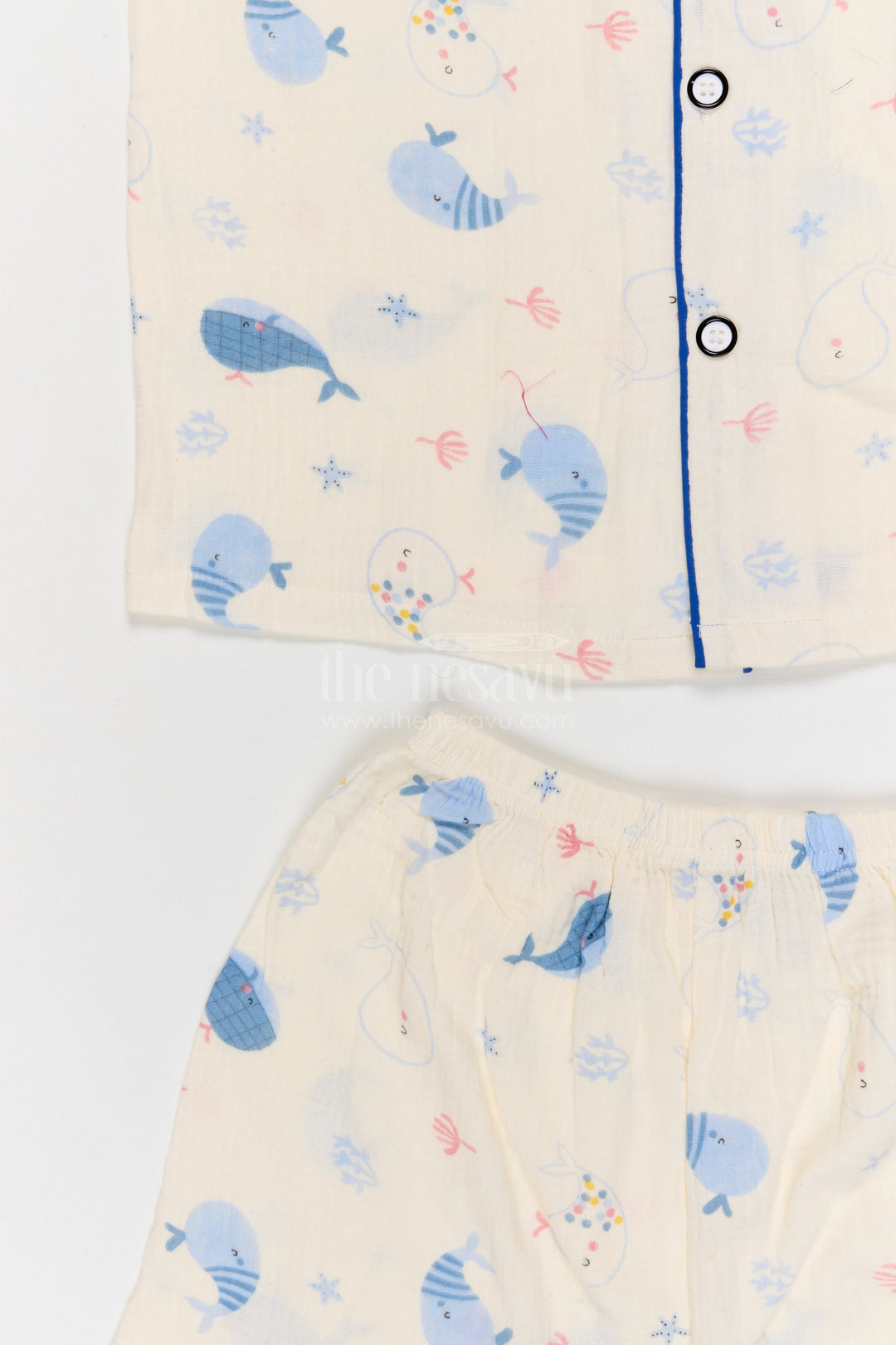 The Nesavu Night Dress Kids Cotton Night Suit with Whale Print for Summer Nights Nesavu Nesavu Kids Muslin Cotton Whale Print Night Suit For Comfortable Sleepwear