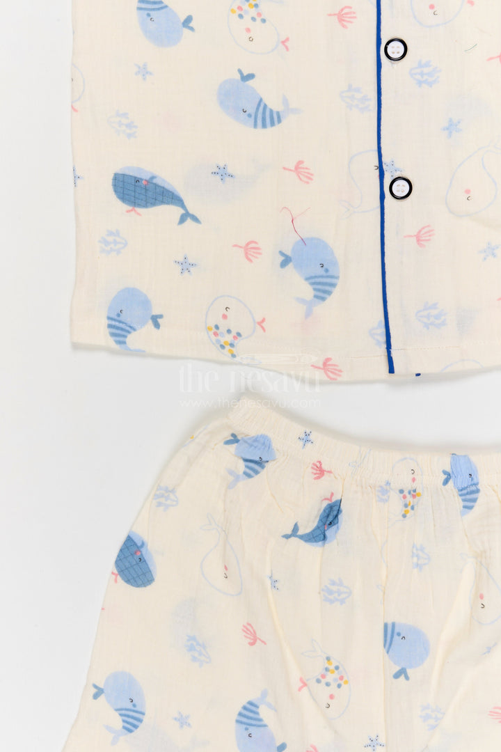 The Nesavu Night Dress Kids Cotton Night Suit with Whale Print for Summer Nights Nesavu Nesavu Kids Muslin Cotton Whale Print Night Suit For Comfortable Sleepwear