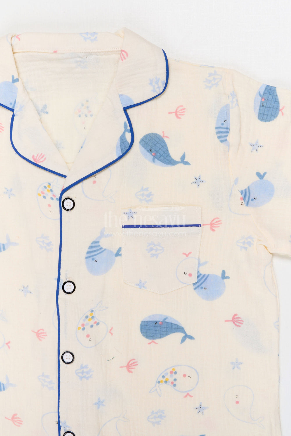 The Nesavu Night Dress Kids Cotton Night Suit with Whale Print for Summer Nights Nesavu Nesavu Kids Muslin Cotton Whale Print Night Suit For Comfortable Sleepwear