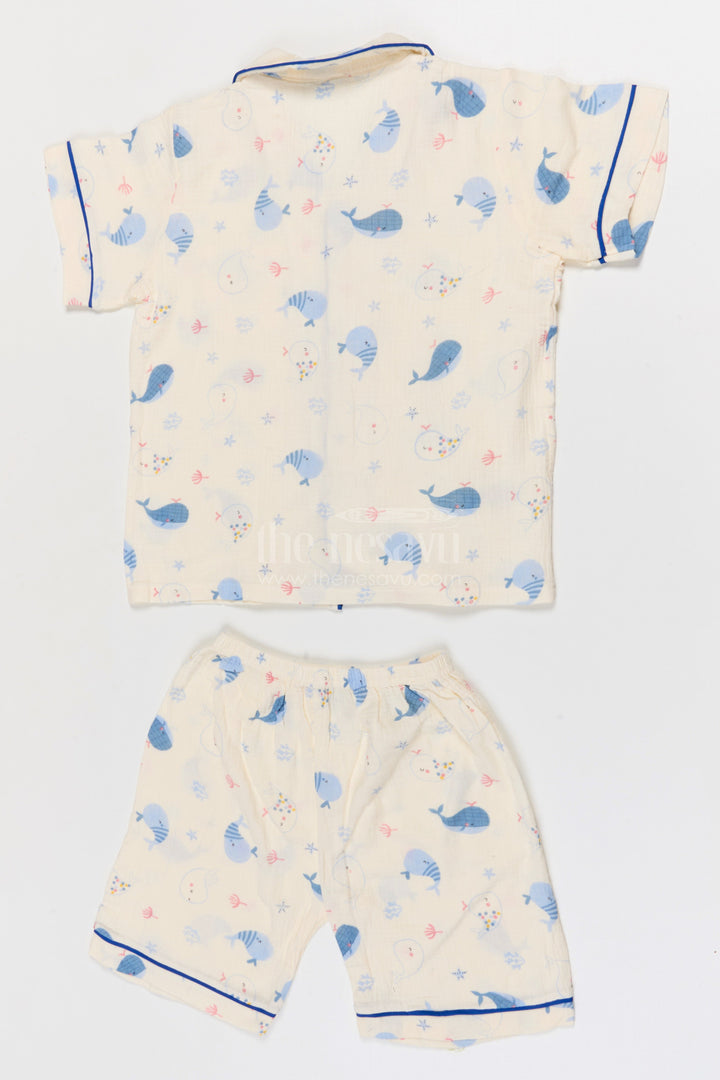 The Nesavu Night Dress Kids Cotton Night Suit with Whale Print for Summer Nights Nesavu Nesavu Kids Muslin Cotton Whale Print Night Suit For Comfortable Sleepwear