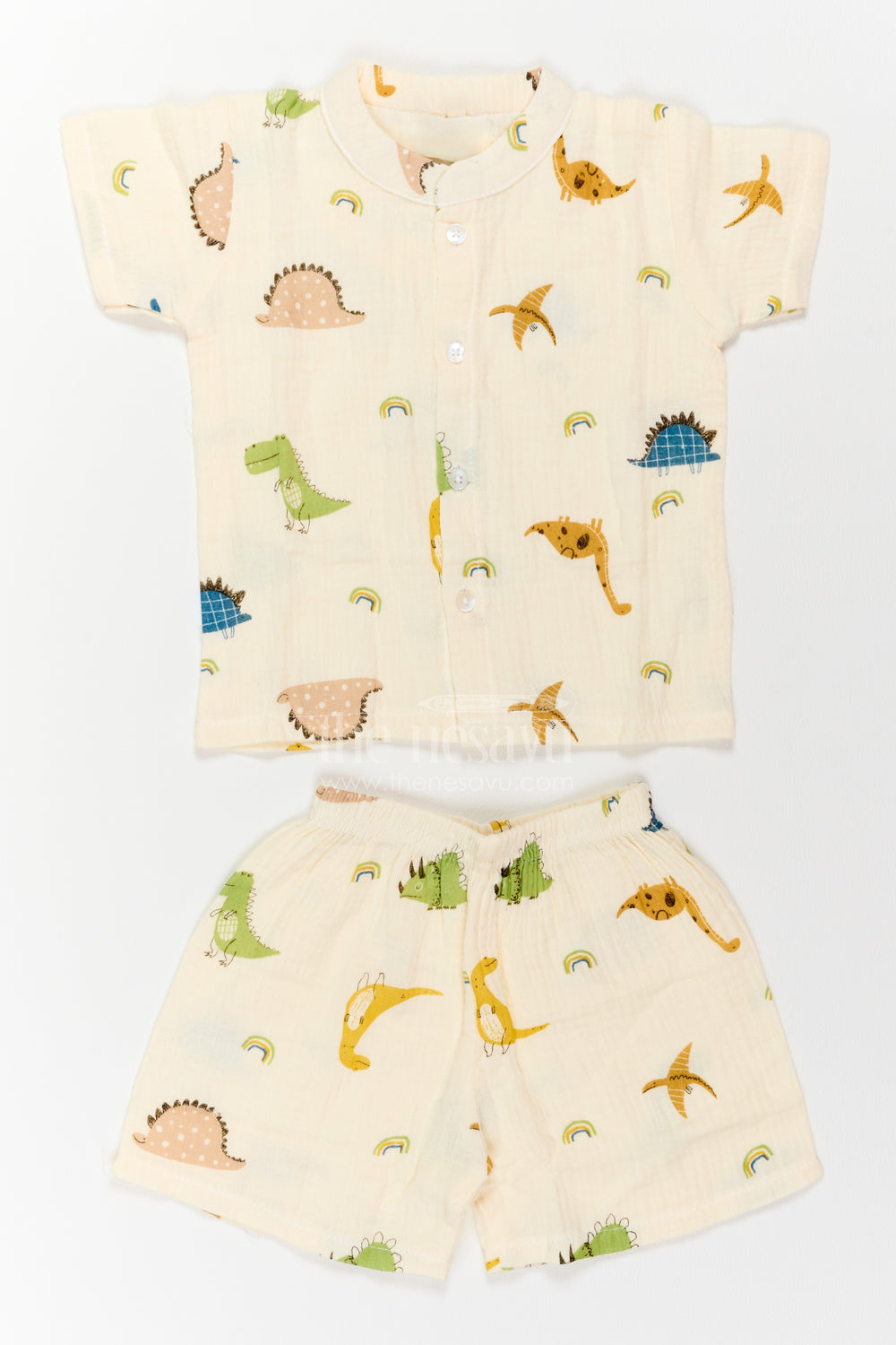 The Nesavu Night Dress Kids Dinosaur Shorts Night Suit for Summer Bedtime and Lounging Nesavu 18 (2Y) / Cream / Muslin NS084A-18 Nesavu Kids Dinosaur Shorts Night Suit In Breathable Muslin For Summer Bedtime Lounging And Sleepovers
