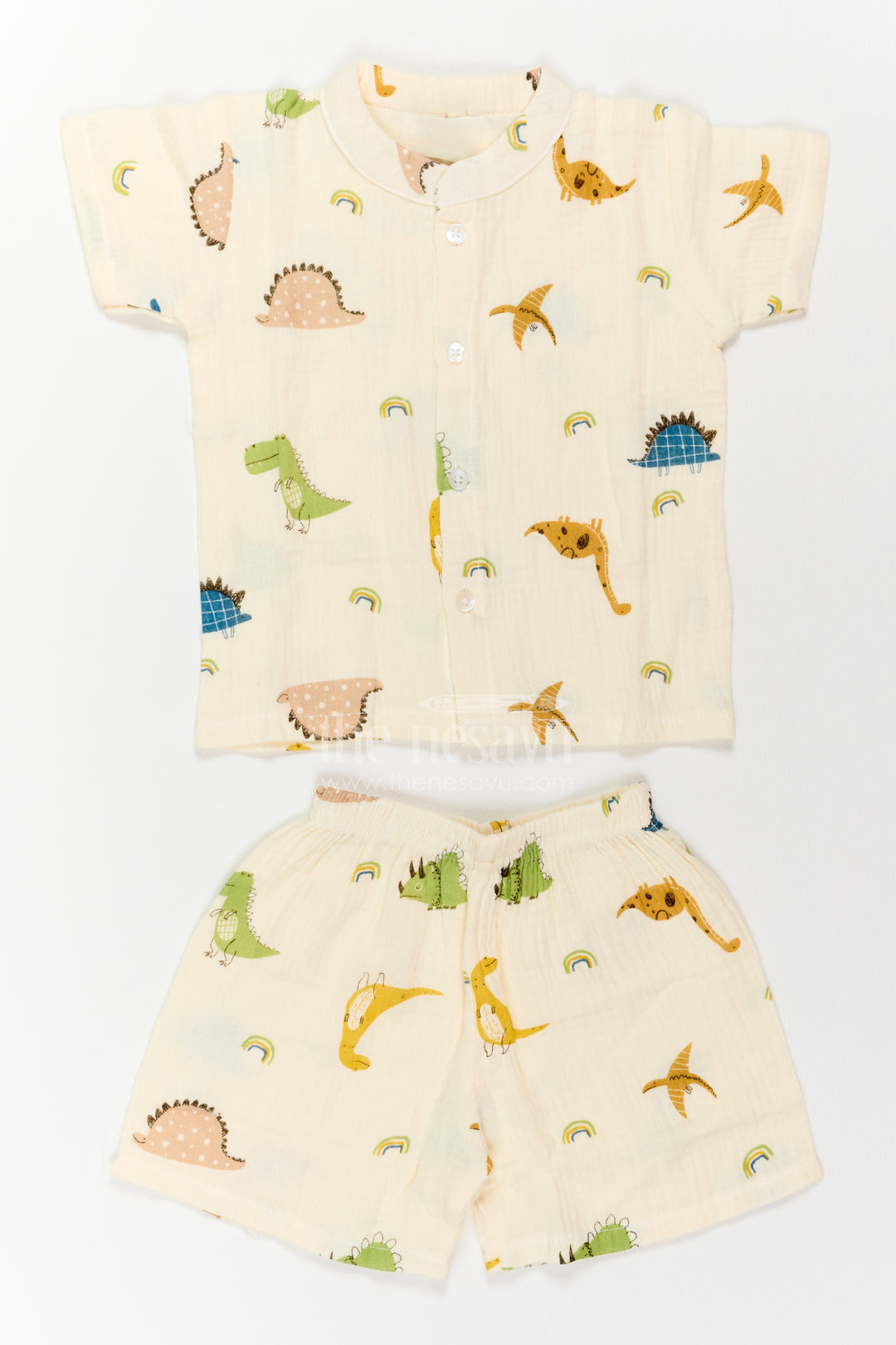The Nesavu Night Dress Kids Dinosaur Shorts Night Suit for Summer Bedtime and Lounging Nesavu 18 (2Y) / Cream / Muslin NS084A-18 Nesavu Kids Dinosaur Shorts Night Suit In Breathable Muslin For Summer Bedtime Lounging And Sleepovers