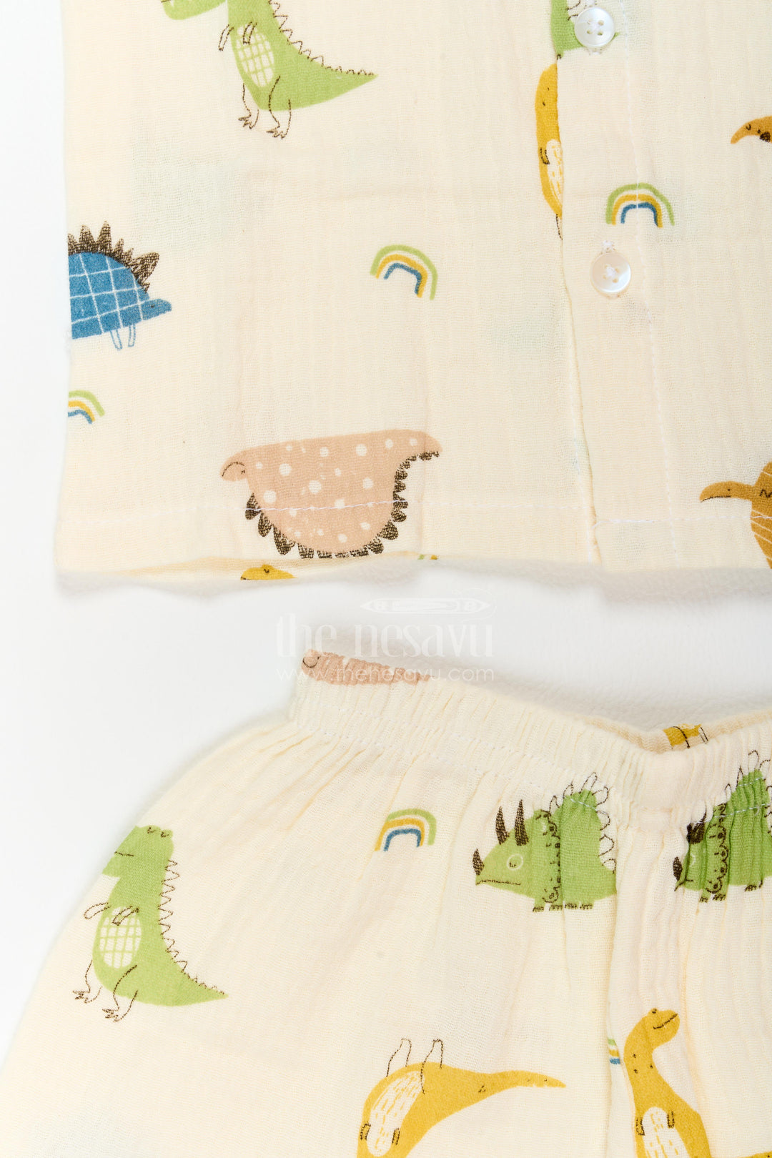 The Nesavu Night Dress Kids Dinosaur Shorts Night Suit for Summer Bedtime and Lounging Nesavu Nesavu Kids Dinosaur Shorts Night Suit In Breathable Muslin For Summer Bedtime Lounging And Sleepovers