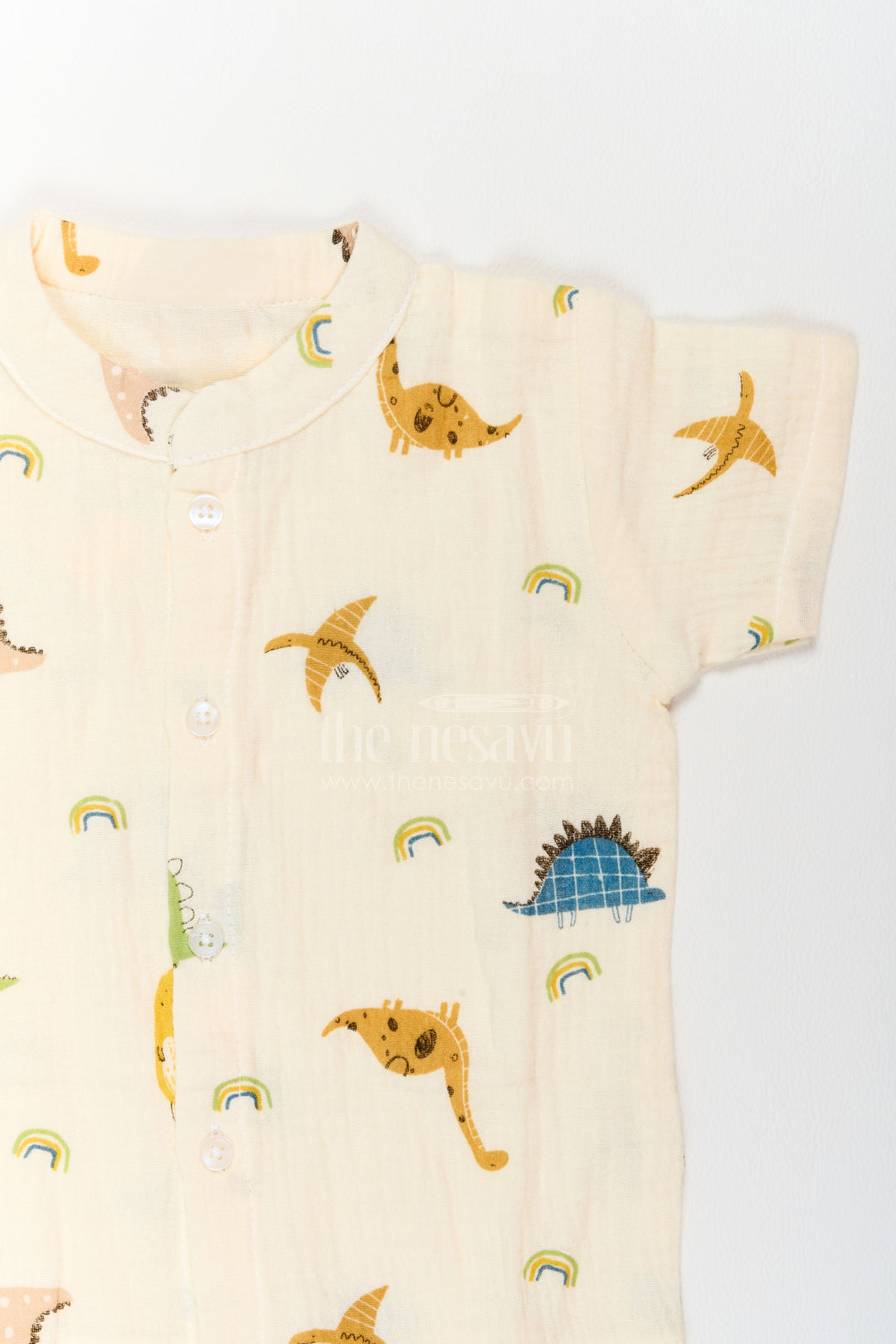 The Nesavu Night Dress Kids Dinosaur Shorts Night Suit for Summer Bedtime and Lounging Nesavu Nesavu Kids Dinosaur Shorts Night Suit In Breathable Muslin For Summer Bedtime Lounging And Sleepovers