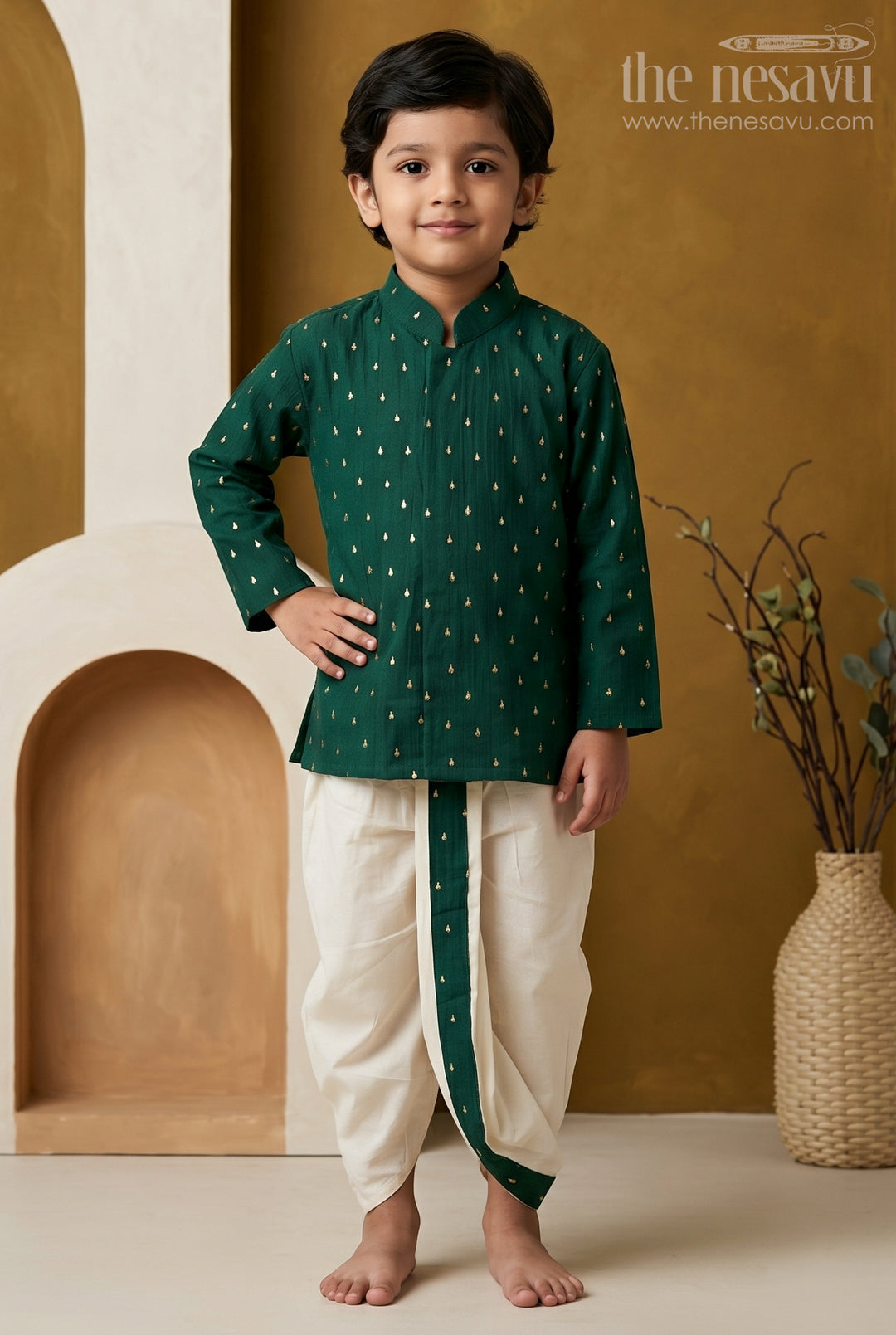 The Nesavu Boys Dothi Set Kids Ethnic Dothi Outfit for Festive Wedding Celebrations Nesavu 10 (NB) / Green / Viscose Silk BES1020B-10 Nesavu Kids Ethnic Dothi Outfit With Foil Print Kurta For Weddings And Festive Occasions