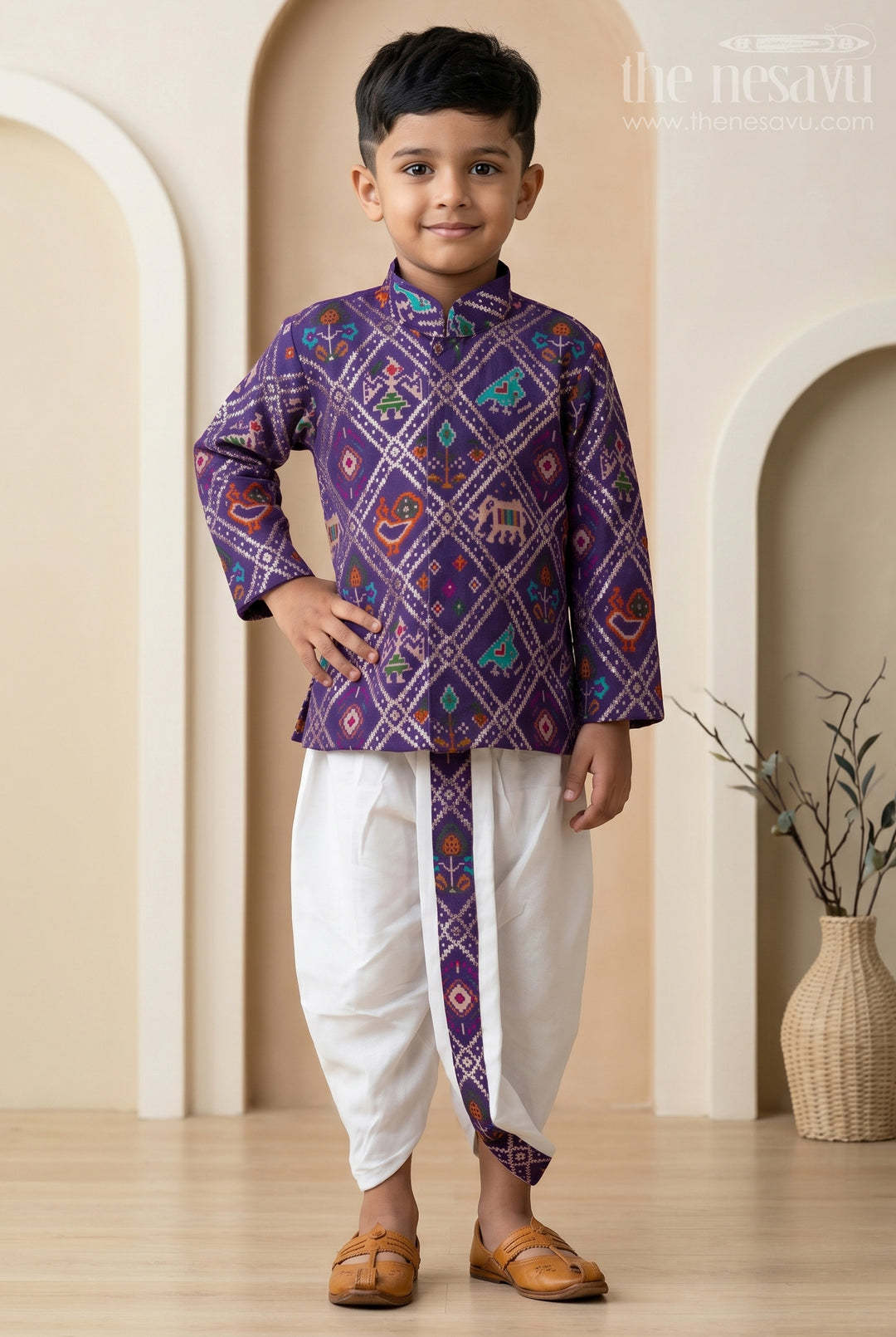 The Nesavu Boys Dothi Set Kids Ethnic Dothi Outfit for Wedding and Festive Functions Nesavu 10 (NB) / Purple / Viscose Silk BES1022B-10 Nesavu Kids Ethnic Dothi Outfit With Patola Print For Weddings And Festive Celebrations