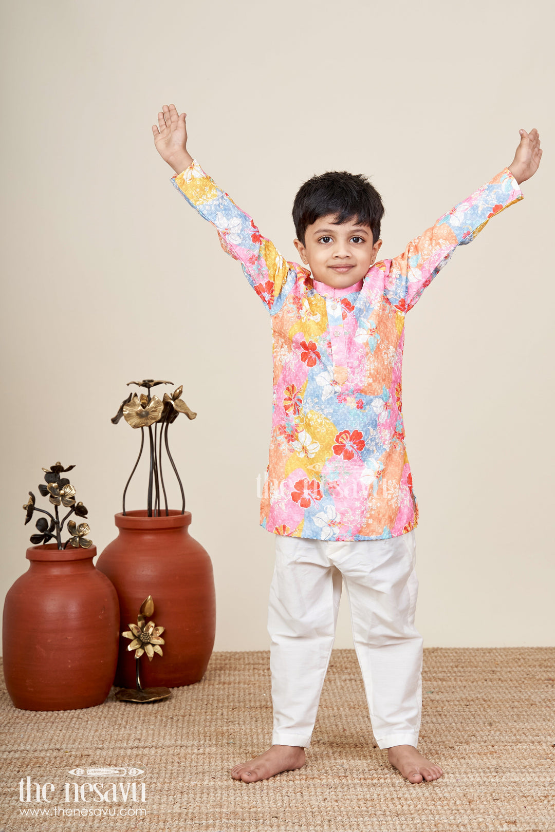The Nesavu Boys Kurtha Set Kids ethnic kurta set with vibrant prints for celebrations Nesavu 16 (1Y) / Multicolor BES890A-16 Nesavu kids multicolor kurta set sequin embroidery  ethnic silk outfit celebrations photoshoots
