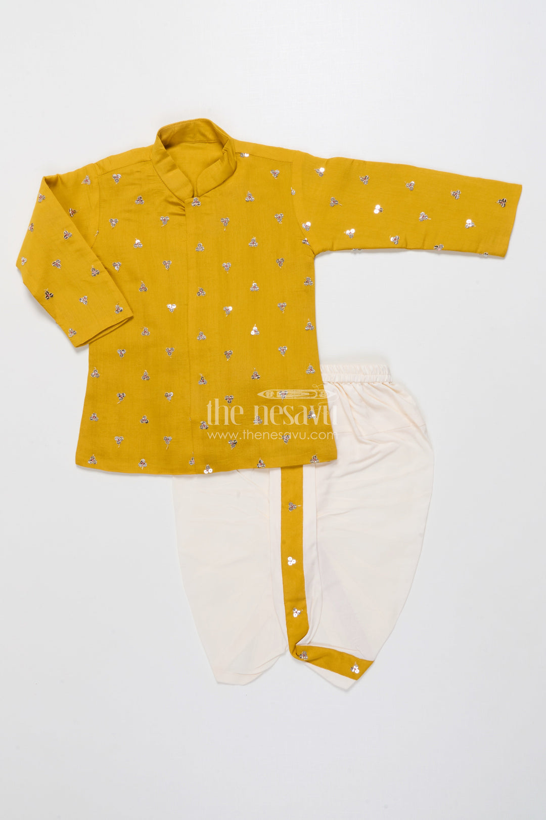 The Nesavu Boys Dothi Set Kids Festive Dhoti Kurta Set with Mirror Work for Traditional Ceremonies Nesavu 16 (1Y) / Green BES779C-16 Nesavu boys festive dhoti set mirror sequin embroidery poojas weddings