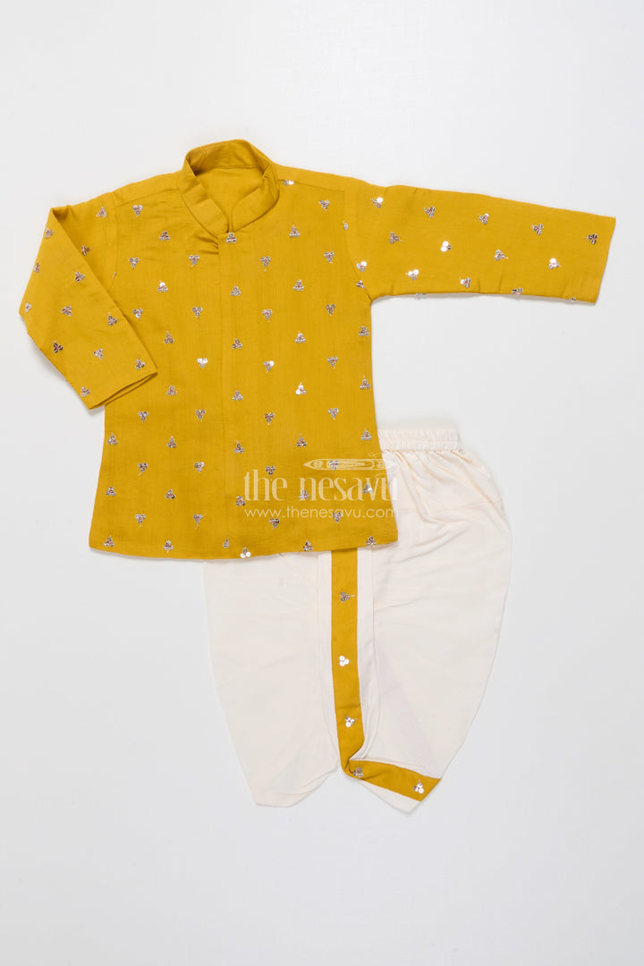 The Nesavu Boys Dothi Set Kids Festive Dhoti Kurta Set with Mirror Work for Traditional Ceremonies Nesavu 16 (1Y) / Green BES779C-16 Nesavu boys festive dhoti set mirror sequin embroidery poojas weddings