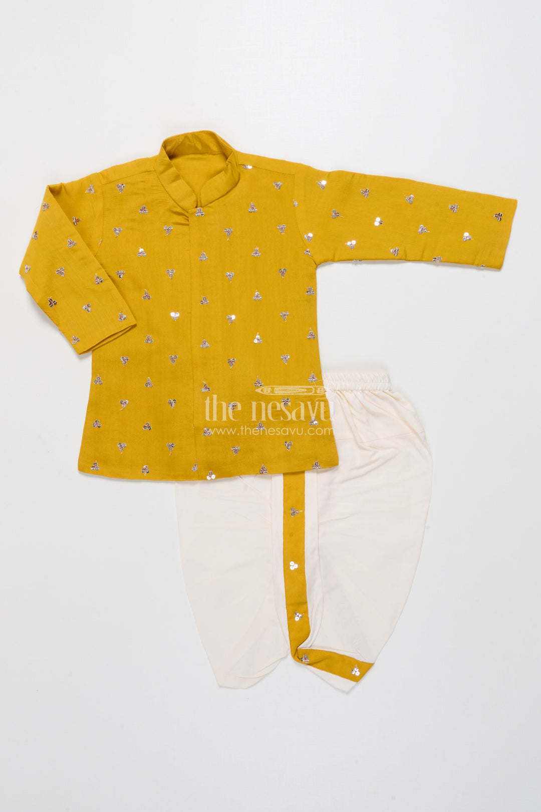 The Nesavu Boys Dothi Set Kids Festive Dhoti Kurta Set with Mirror Work for Traditional Ceremonies Nesavu Nesavu boys festive dhoti set mirror sequin embroidery poojas weddings