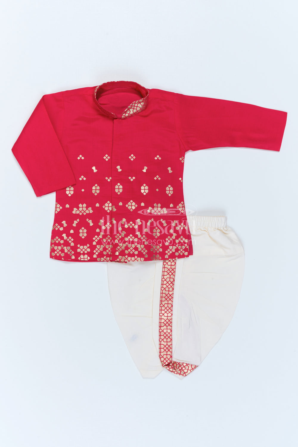 The Nesavu Boys Dothi Set Kids Festive Dothi Set for Weddings and Cultural Functions Nesavu 10 (NB) / Red / Viscose Silk BES1018C-10 Nesavu Kids Festive Dothi Set With Foil Print Kurta For Weddings And Traditional Functions