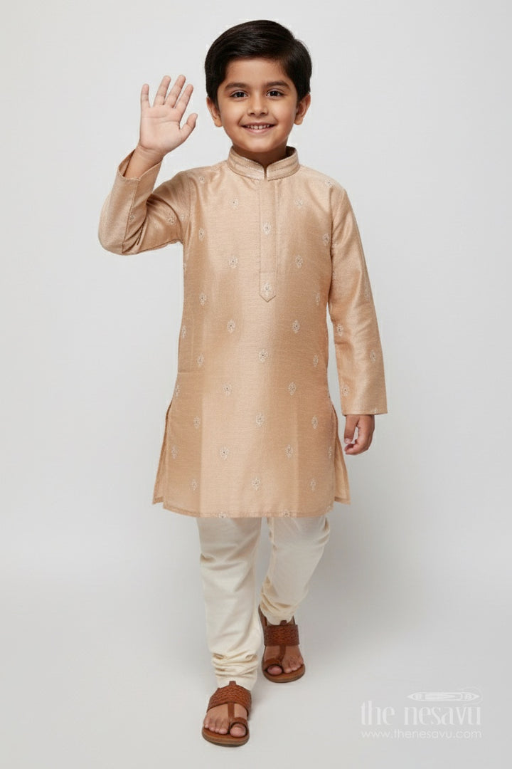 The Nesavu Boys Kurtha Set Kids Festive Kurta Set with Embroidered Detailing for Traditional Events Nesavu 18 (2Y) / Gold BES763B-18 Nesavu festive kurta set boys embroidered silk cotton blend perfect traditional occasions