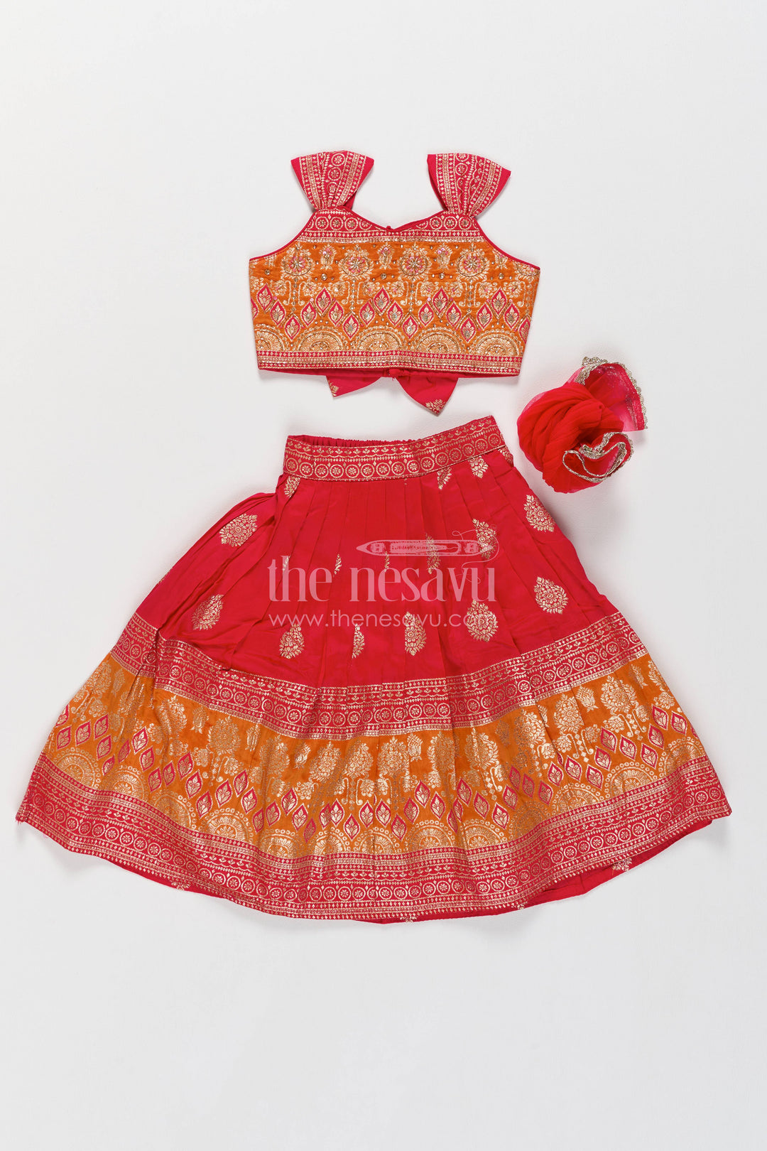 The Nesavu Girls Ethnic Lehenga Kids Festive Lehenga with Jacquard Weave for Weddings and Parties Nesavu 16 (1Y) / Red / Semi Banarasi GL1047A-16 Nesavu Kids Festive Lehenga In Red For Family Functions GL1047A-16