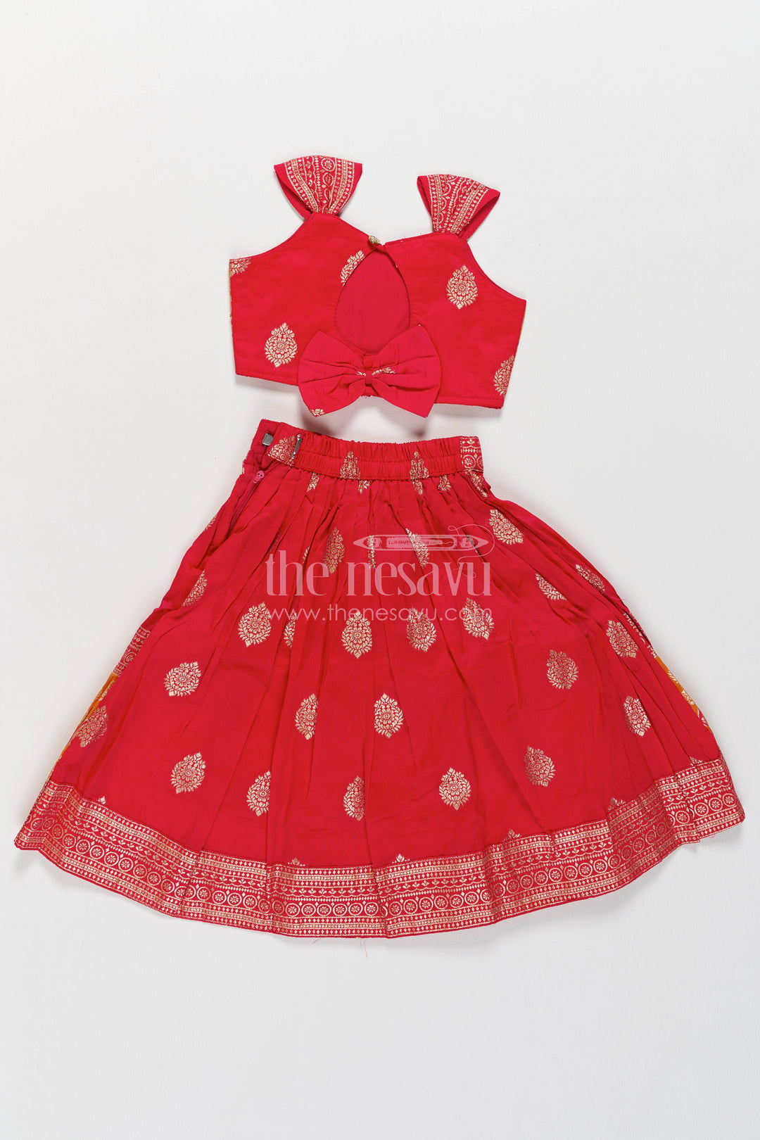 The Nesavu Girls Ethnic Lehenga Kids Festive Lehenga with Jacquard Weave for Weddings and Parties Nesavu Nesavu Kids Festive Lehenga In Red For Family Functions