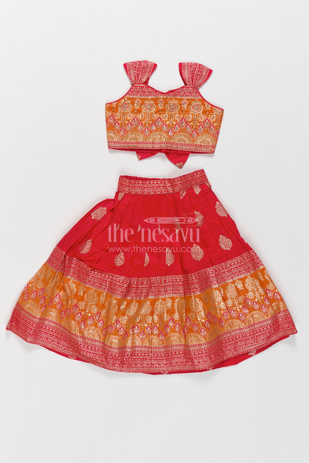 The Nesavu Girls Ethnic Lehenga Kids Festive Lehenga with Jacquard Weave for Weddings and Parties Nesavu Nesavu Kids Festive Lehenga In Red For Family Functions