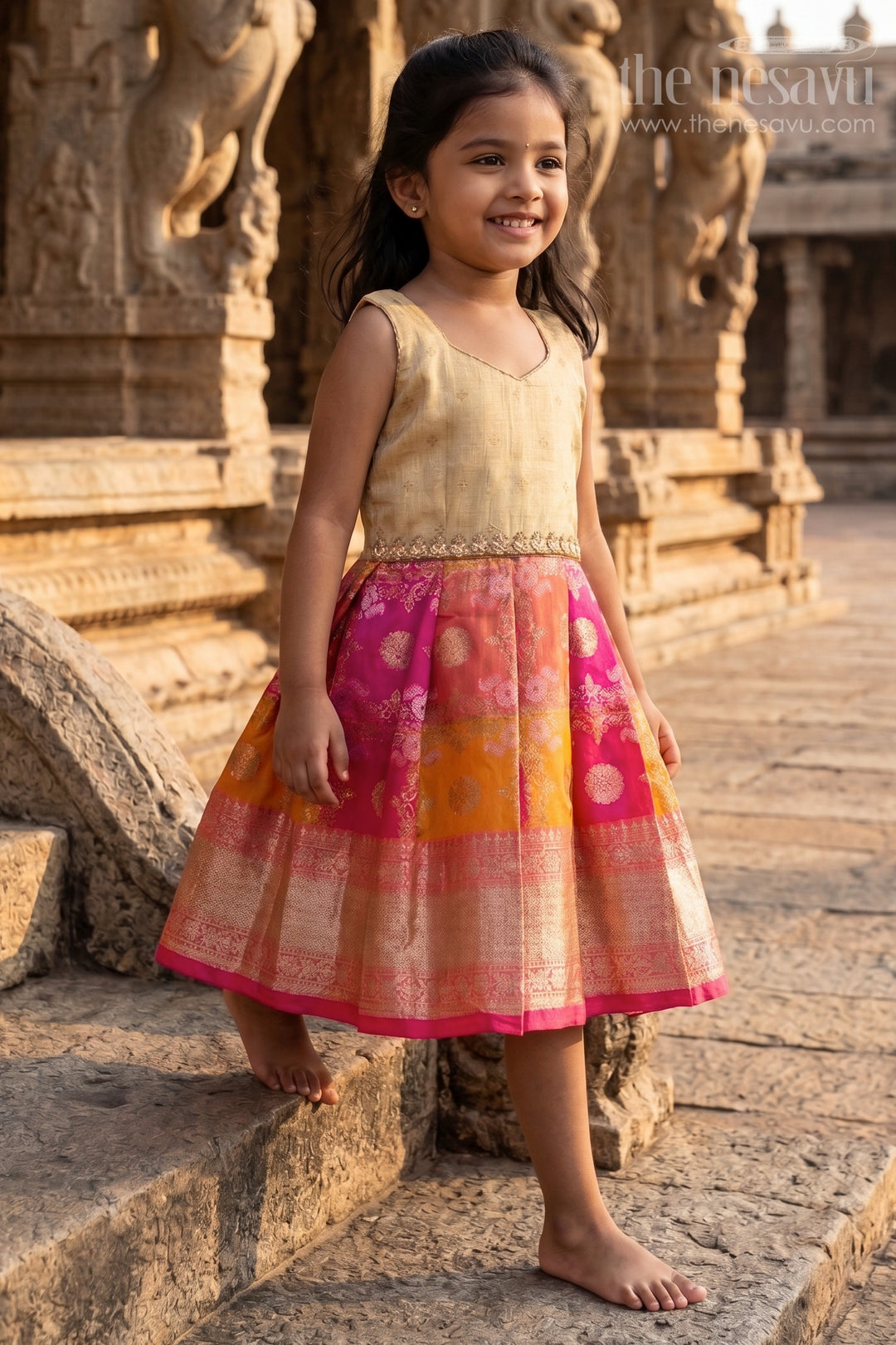 The Nesavu Silk Frock Kids Festive Silk Dress for Traditional Celebrations and Photos Nesavu 18 (2Y) / Cream / Semi Banarasi SF1170A-18 Nesavu Kids Festive Silk Dress With Colorful Woven Skirt For Weddings And Family Celebrations
