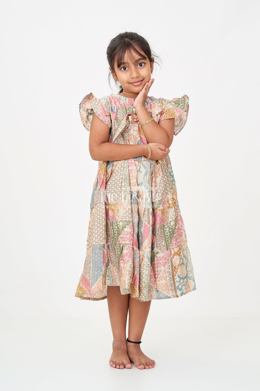 The Nesavu Girls Cotton Frock Kids Frock in Modal Silk with Multicolor Digital Print and Tiered Design for Girls Nesavu 18 (2Y) / Green GFC1694A-18 Kids Frock Girls Multicolor Modal Silk Digital Print Tiered Bow Design | The Nesavu