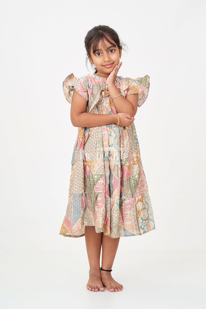The Nesavu Girls Cotton Frock Kids Frock in Modal Silk with Multicolor Digital Print and Tiered Design for Girls Nesavu 18 (2Y) / Green GFC1694A-18 Kids Frock Girls Multicolor Modal Silk Digital Print Tiered Bow Design | The Nesavu