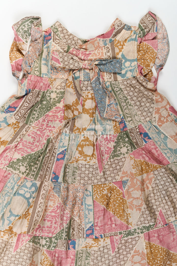The Nesavu Girls Cotton Frock Kids Frock in Modal Silk with Multicolor Digital Print and Tiered Design for Girls Nesavu Kids Frock Girls Multicolor Modal Silk Digital Print Tiered Bow Design | The Nesavu