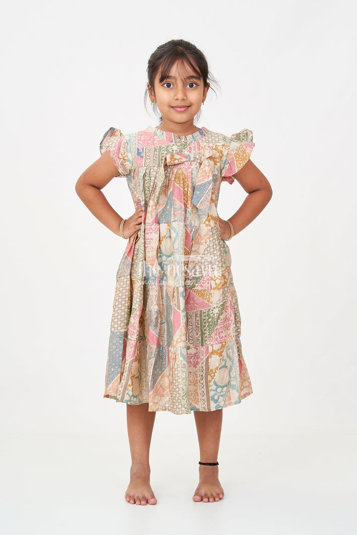 The Nesavu Girls Cotton Frock Kids Frock in Modal Silk with Multicolor Digital Print and Tiered Design for Girls Nesavu Kids Frock Girls Multicolor Modal Silk Digital Print Tiered Bow Design | The Nesavu