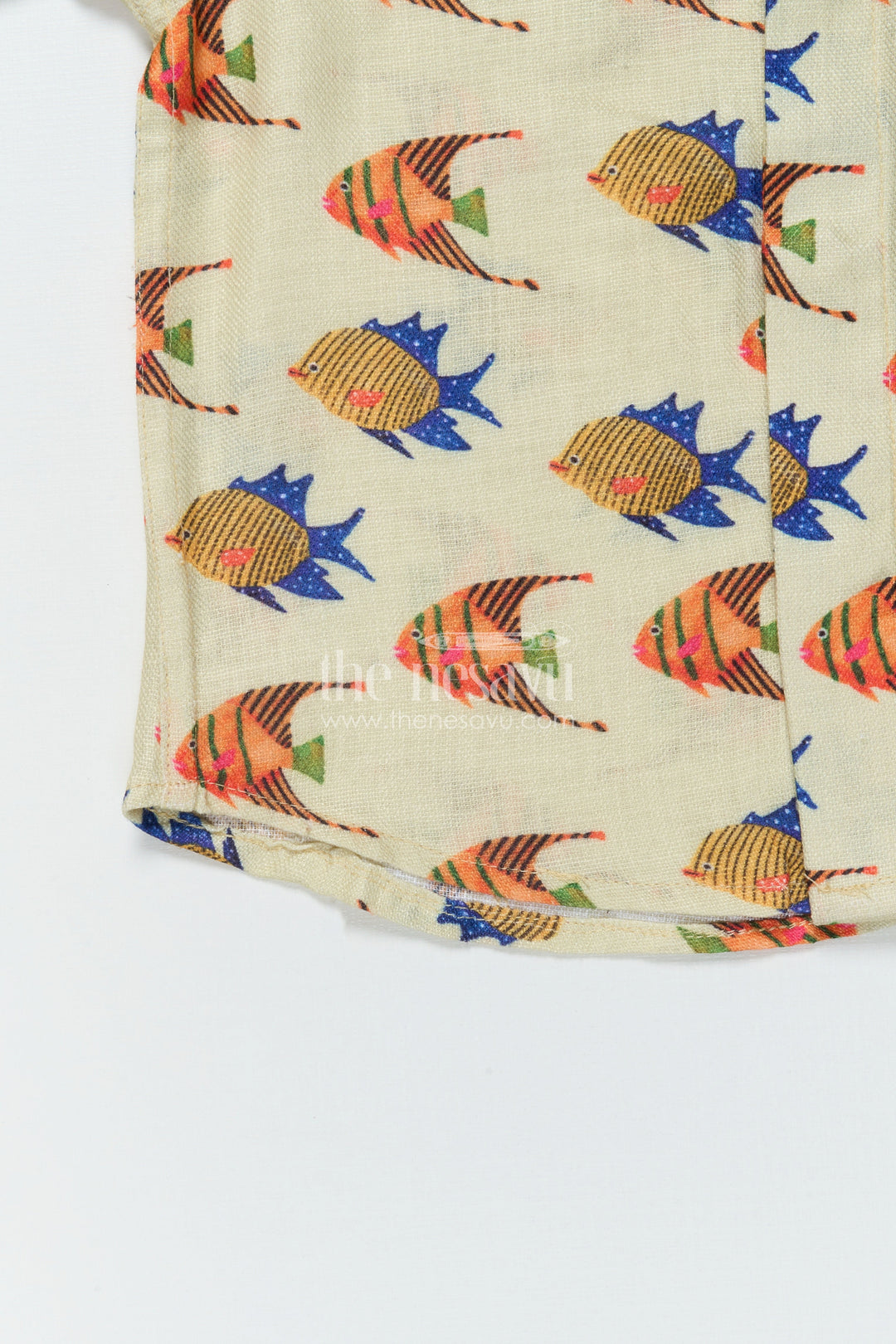 The Nesavu Boys Linen Shirt Kids Linen Printed Shirt for Beach Holidays and Casual Days Nesavu Nesavu kids linen shirt with colorful fish print for casual summer wear and vacations