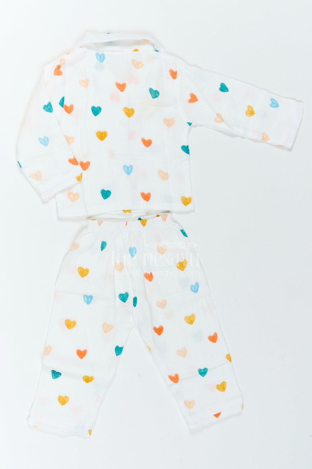 The Nesavu Night Dress Kids Muslin Night Suit for Bedtime Comfort and Relaxed Sleep Nesavu Nesavu Kids Muslin Night Suit For Bedtime Sleepovers With Heart Print Shirt And Full Length Pajama