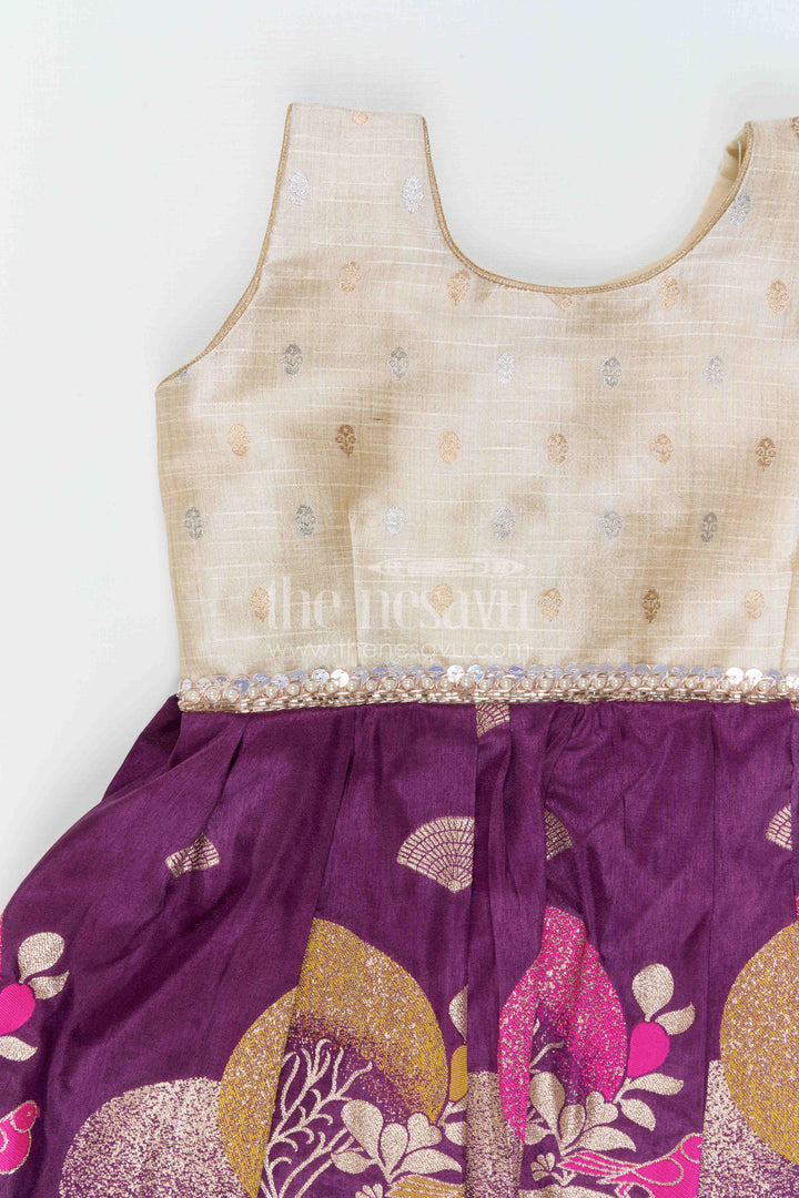 The Nesavu Silk Frock Kids Party Frock for Festive Photos and Celebrations Nesavu 20 (3Y) / Cream / Semi Banarasi SF1168A-20 Nesavu Kids Party Frock With Raw Silk Yoke For Festive And Family Celebrations