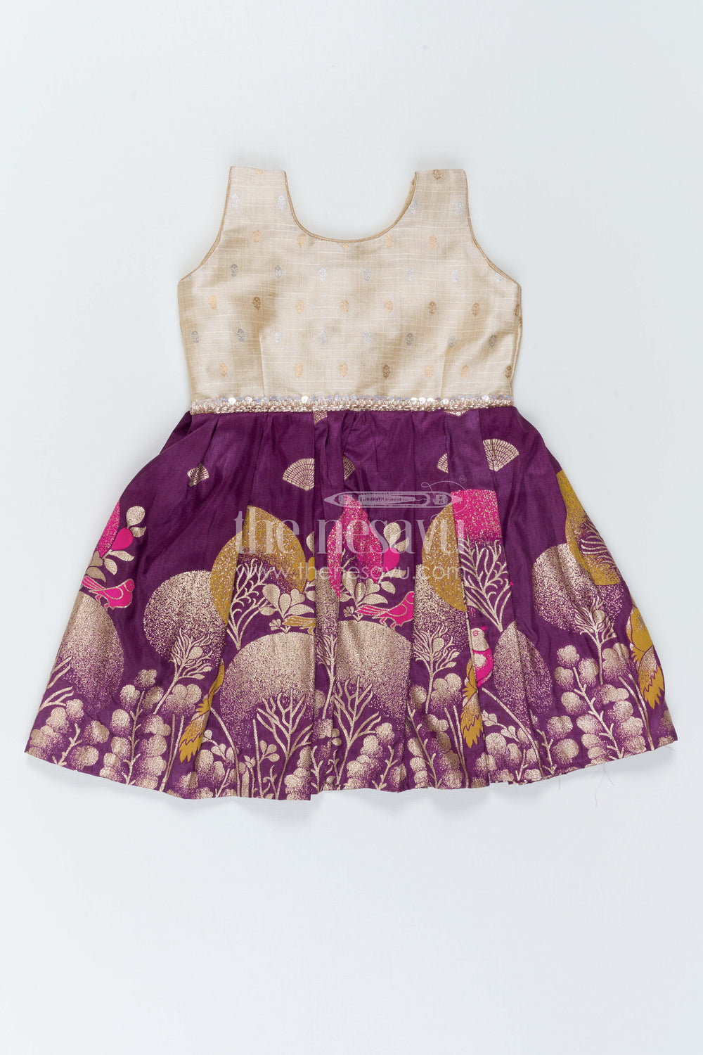 The Nesavu Silk Frock Kids Party Frock for Festive Photos and Celebrations Nesavu 20 (3Y) / Cream / Semi Banarasi SF1168A-20 Nesavu Kids Party Frock With Raw Silk Yoke For Festive And Family Celebrations