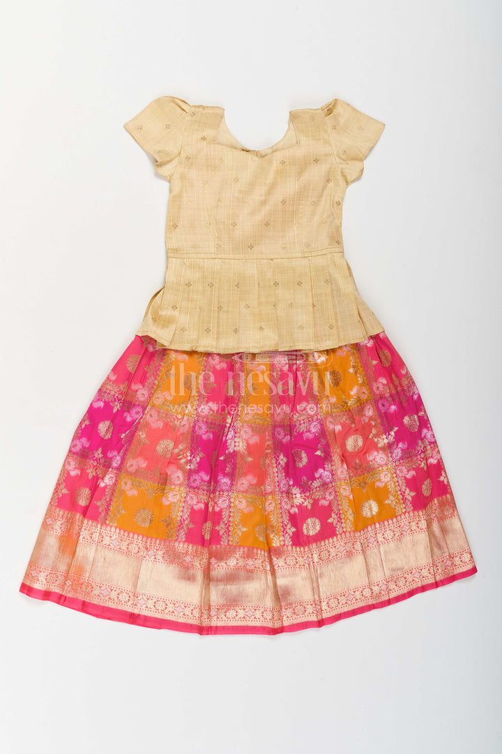 The Nesavu Pattu Pavadai Kids Pattu Pavadai for Festive Ceremonies and Cultural Events Nesavu 18 (2Y) / Beige / Semi Banarasi GPP406A-18 Nesavu Kids Pattu Pavadai For Festive Ceremonies Temple Events And Traditional Family Celebrations