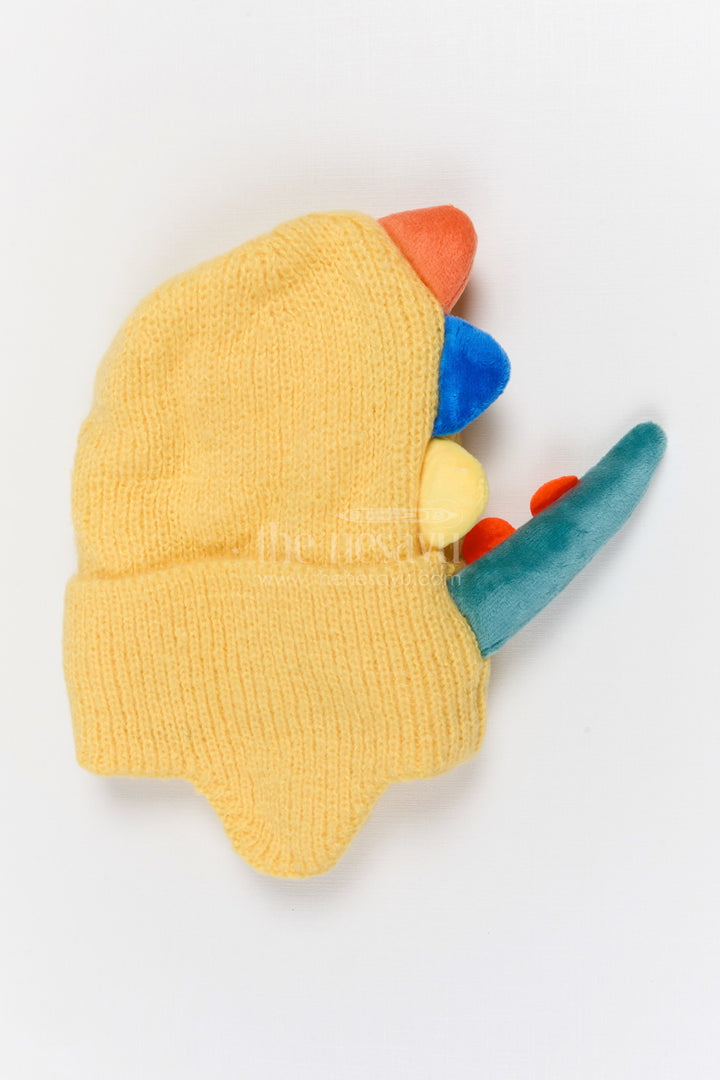 The Nesavu Baby Accessories Kids Rib Knit Beanie Cap with Dinosaur Design Nesavu Yellow / Rib Knit IA002A-8 Nesavu Kids Yellow Rib Knit Beanie Cap With Dinosaur Design | New Born To 6 Months