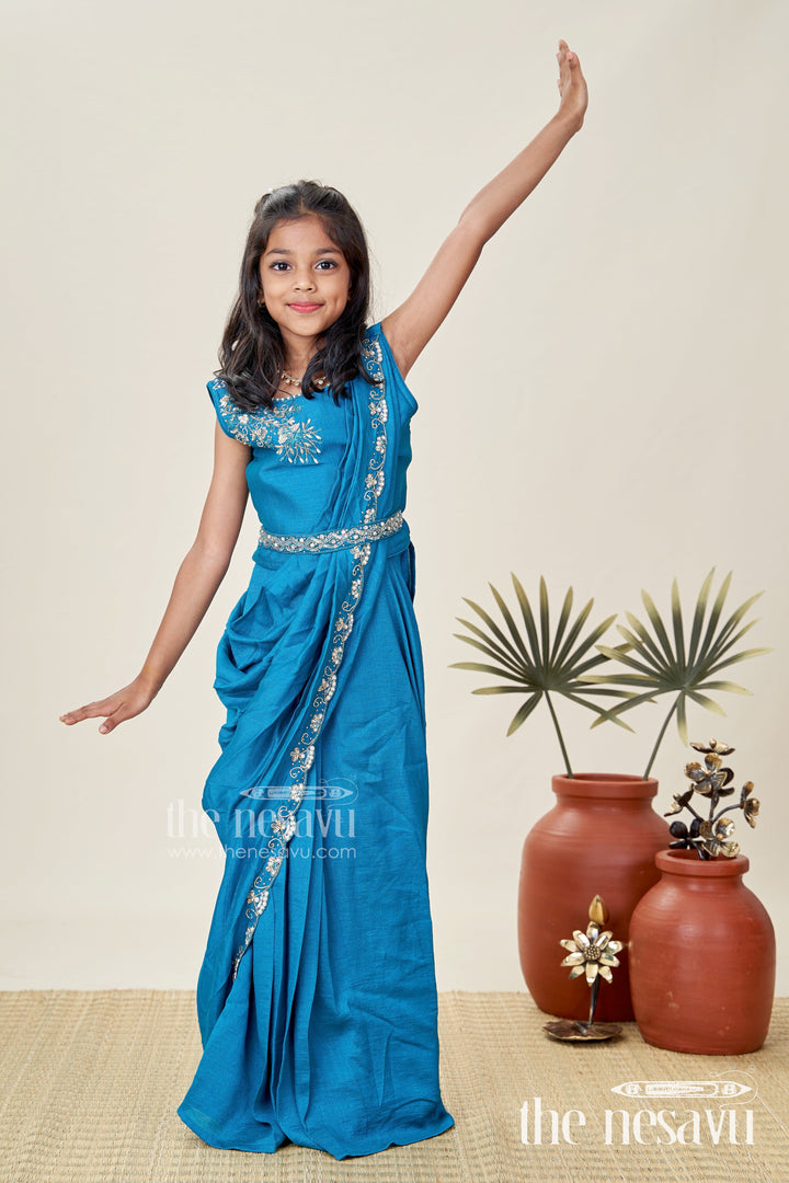 The Nesavu Girls Lehenga Choli Kids Saree Style Lehenga Choli for Family Functions in Teal Georgette with Designer Embroidery Nesavu 24 (5Y) / Blue GL656A-24 Nesavu Saree Style Lehenga Choli Girls Teal Georgette Designer Embroidery Functions
