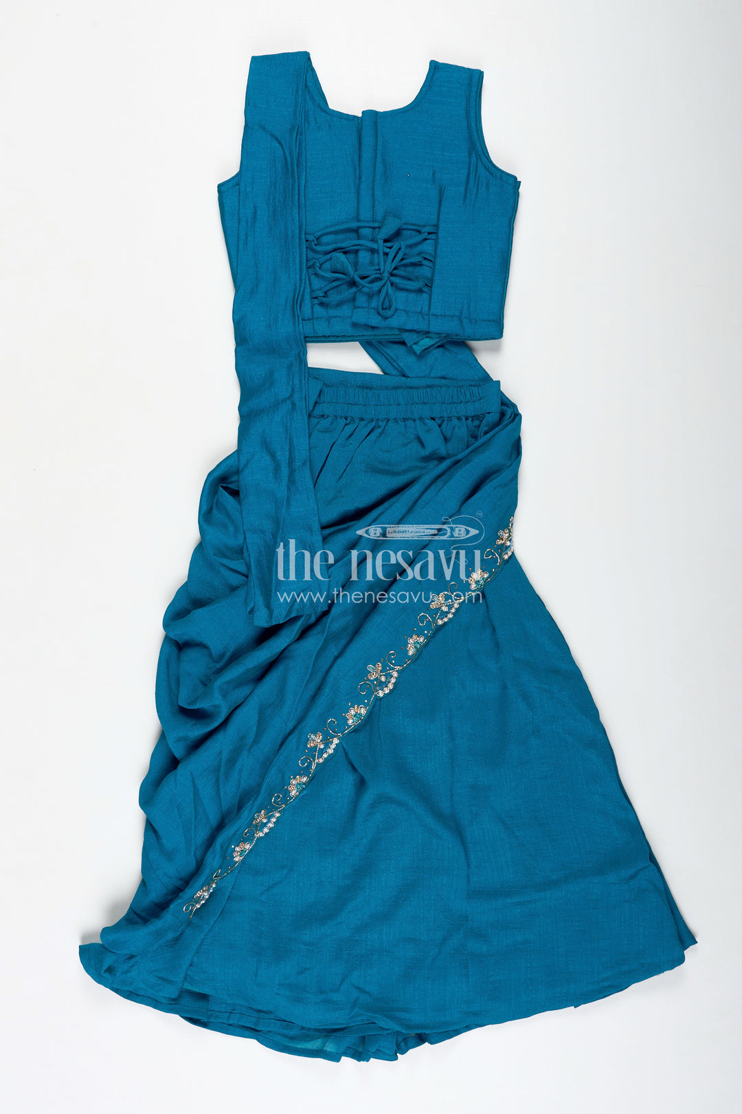 The Nesavu Girls Lehenga Choli Kids Saree Style Lehenga Choli for Family Functions in Teal Georgette with Designer Embroidery Nesavu Nesavu Saree Style Lehenga Choli Girls Teal Georgette Designer Embroidery Functions