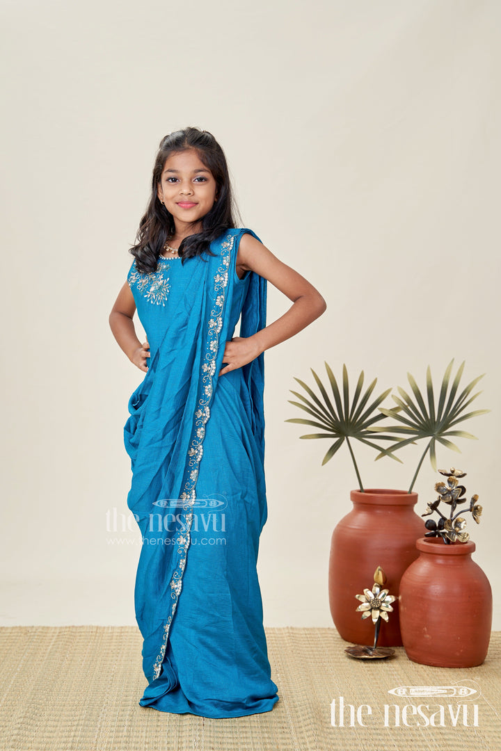 The Nesavu Girls Lehenga Choli Kids Saree Style Lehenga Choli for Family Functions in Teal Georgette with Designer Embroidery Nesavu Nesavu Saree Style Lehenga Choli Girls Teal Georgette Designer Embroidery Functions